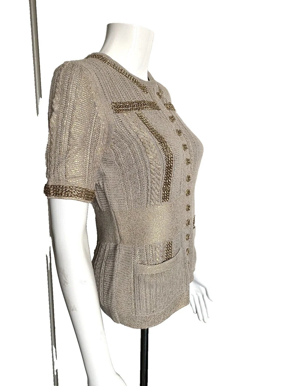 08P CHANEL FR-36 Metallic Knit Short-Sleeve Cardigan Top Gold Chain Trim Pockets